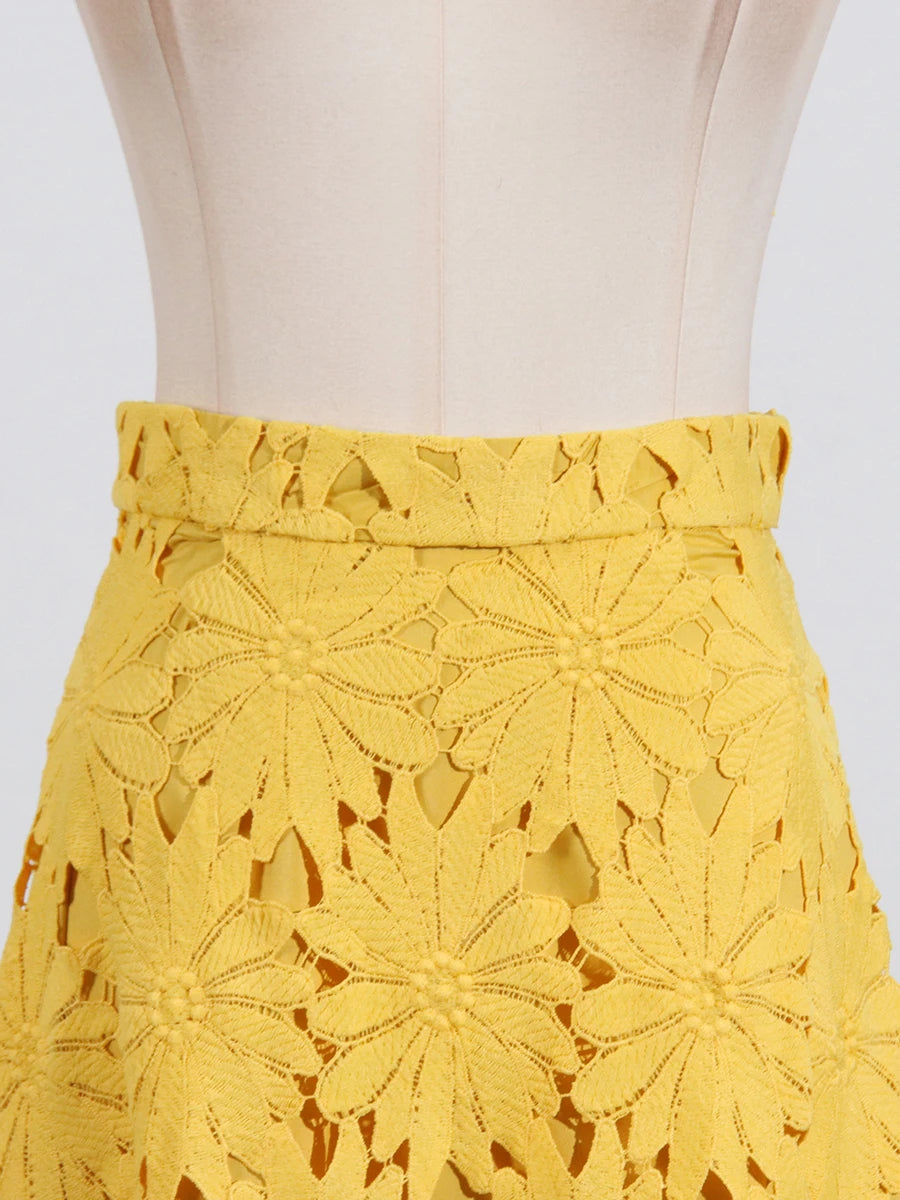VGH Embroidery Two Piece Set for Women O Neck Batwing Sleeve Top High Waist Hollow Out A Line Long Skirt Elegant Suit Female New