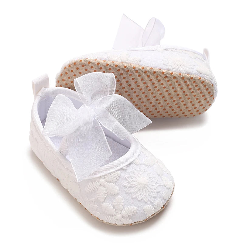 VALEN SINA 0-18 Months Newborn Girl White Baptism Shoes Bow Non-slip Rubber Soft-Sole Flat PU First Walker Mary Janes