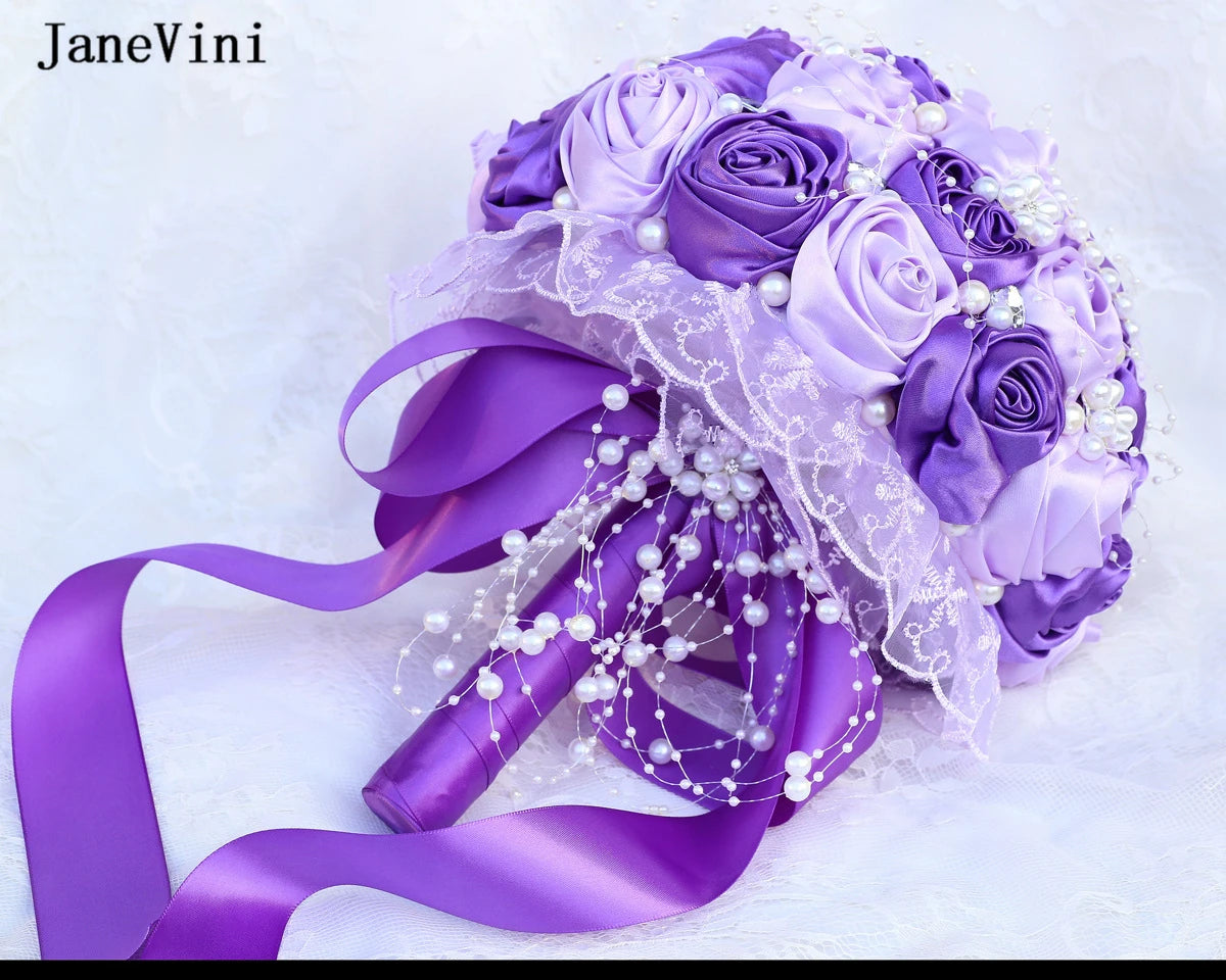 JaneVini Stunning Pearls Purple Flowers Bridal Bouquets Ribbon Handle Artificial Satin Roses Bride Bouquet Wedding Accessories