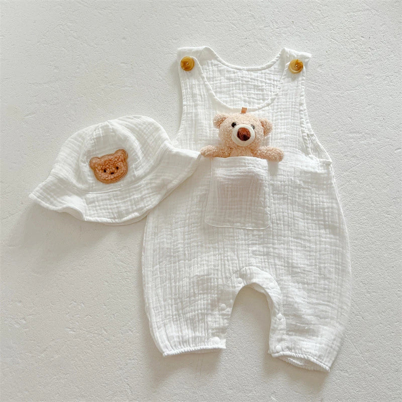 3Pcs Muslin Baby Jumpsuit Coat Hat Bear Baby Summer Clothes Set Kids Coat Romper White Toddler Outfit Suit Infant Clothing 0-3T
