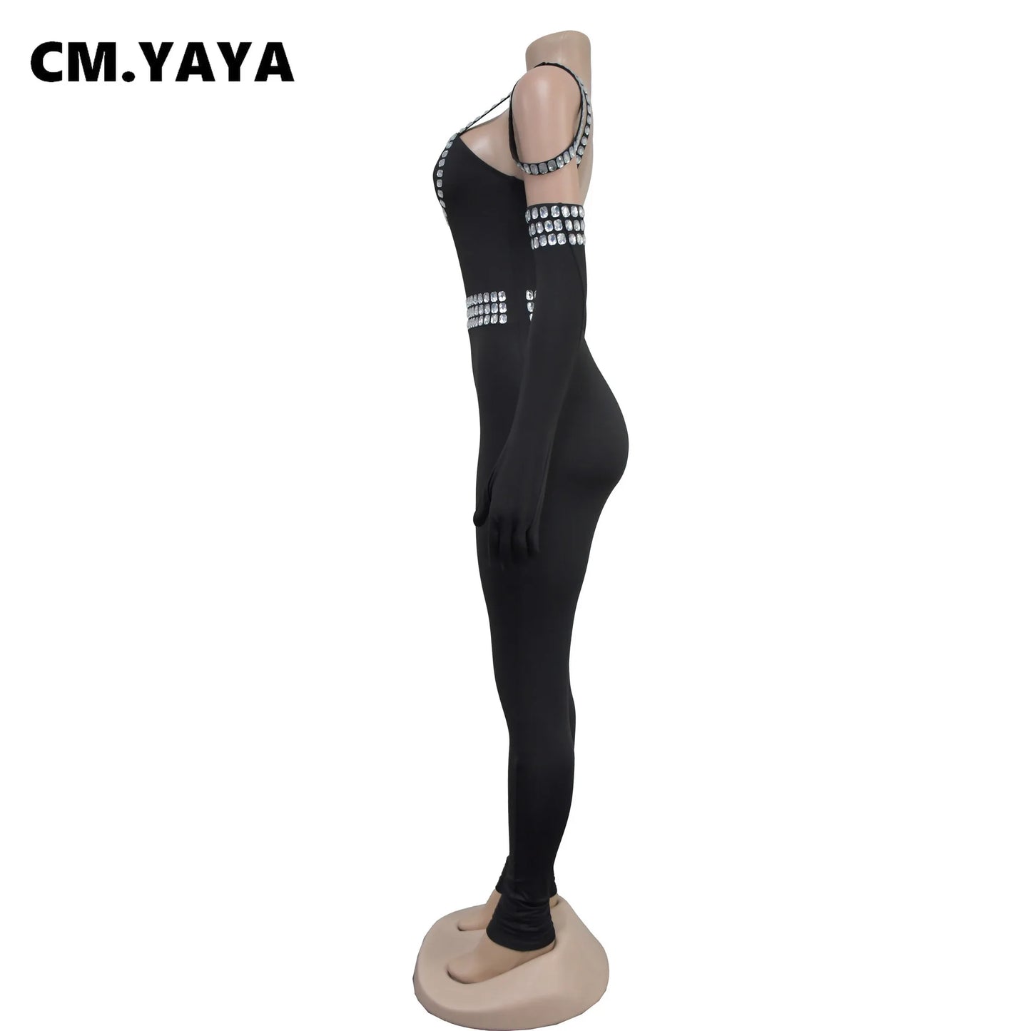 CM.YAYA Women Diamonds Hot Rhinestones Sexy Strap Long Sleeve Jumpsuits Streetwear Club One Piece Overall Rompers with Gloves