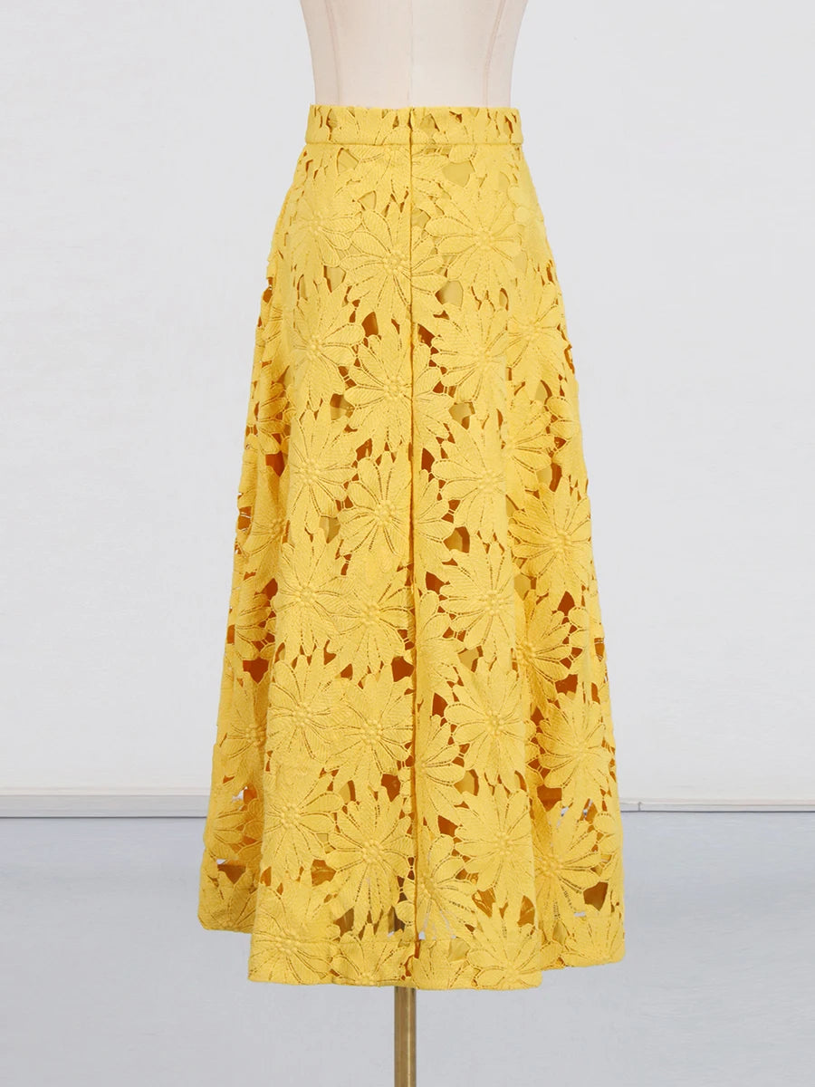 VGH Embroidery Two Piece Set for Women O Neck Batwing Sleeve Top High Waist Hollow Out A Line Long Skirt Elegant Suit Female New
