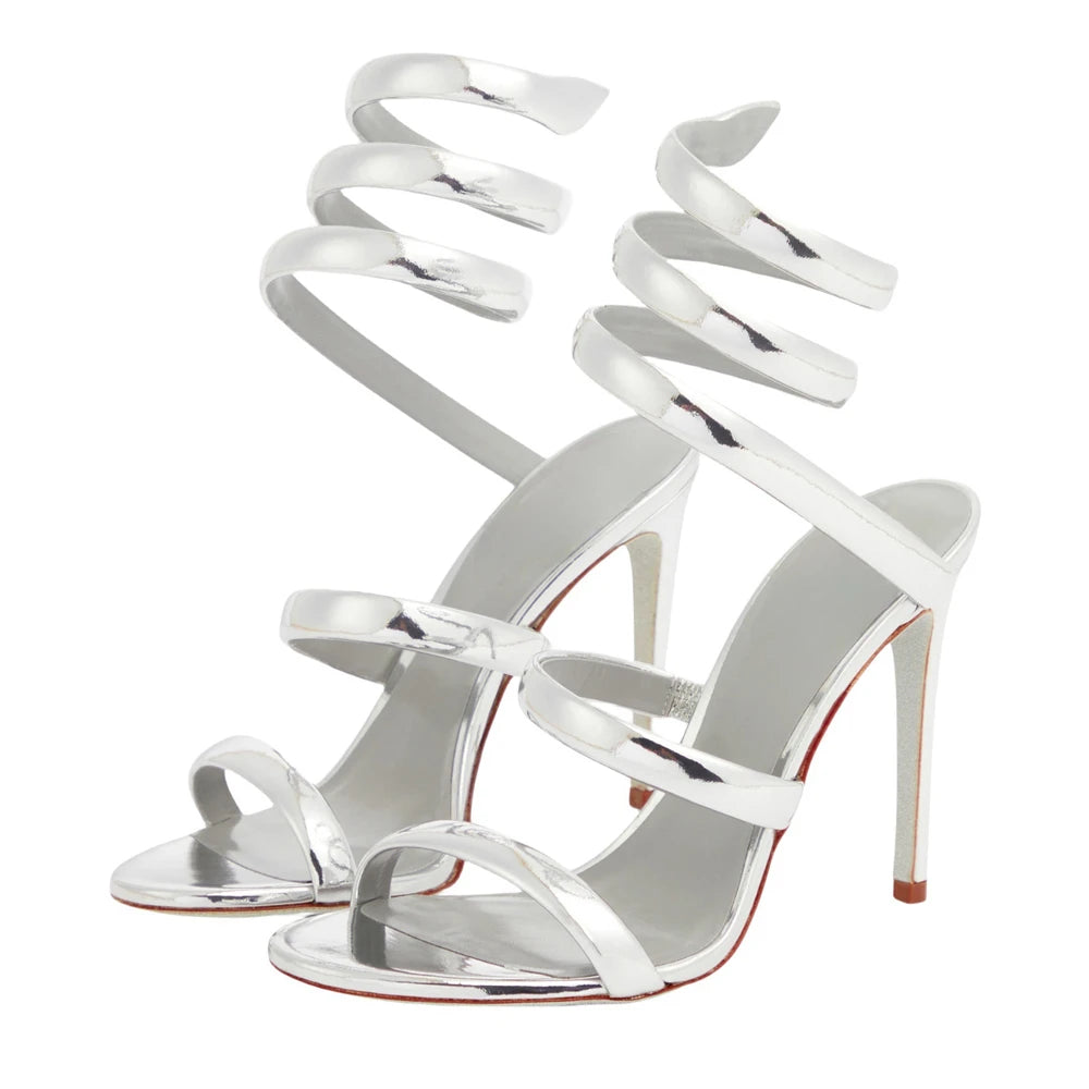 Summer new round toe silk ribbon snake-shaped wrapped sexy sandals thin high-heeled banquet dress large size women's shoes