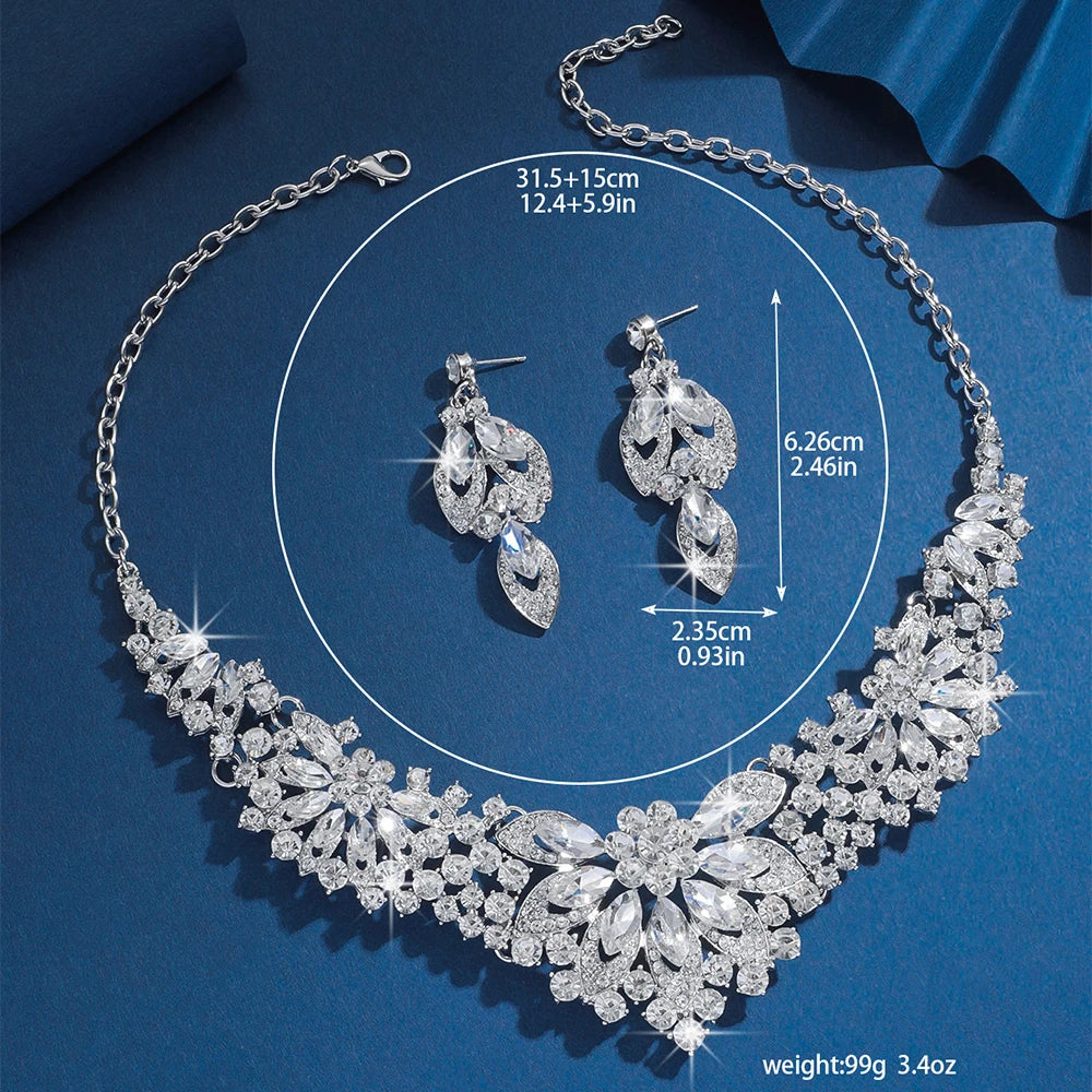 Wedding Bride Necklace Earrings Set Luxurious Simple Flower Rhinestone Clavicle Chain Necklace Eardrop Party Banquet Accessories