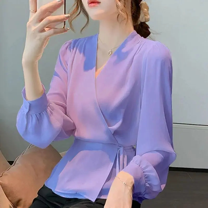 Stylish V-Neck Solid Color All-match Bandage Chiffon Shirt Women's Clothing 2025 Spring New Loose Korean Tops Irregular Blouse