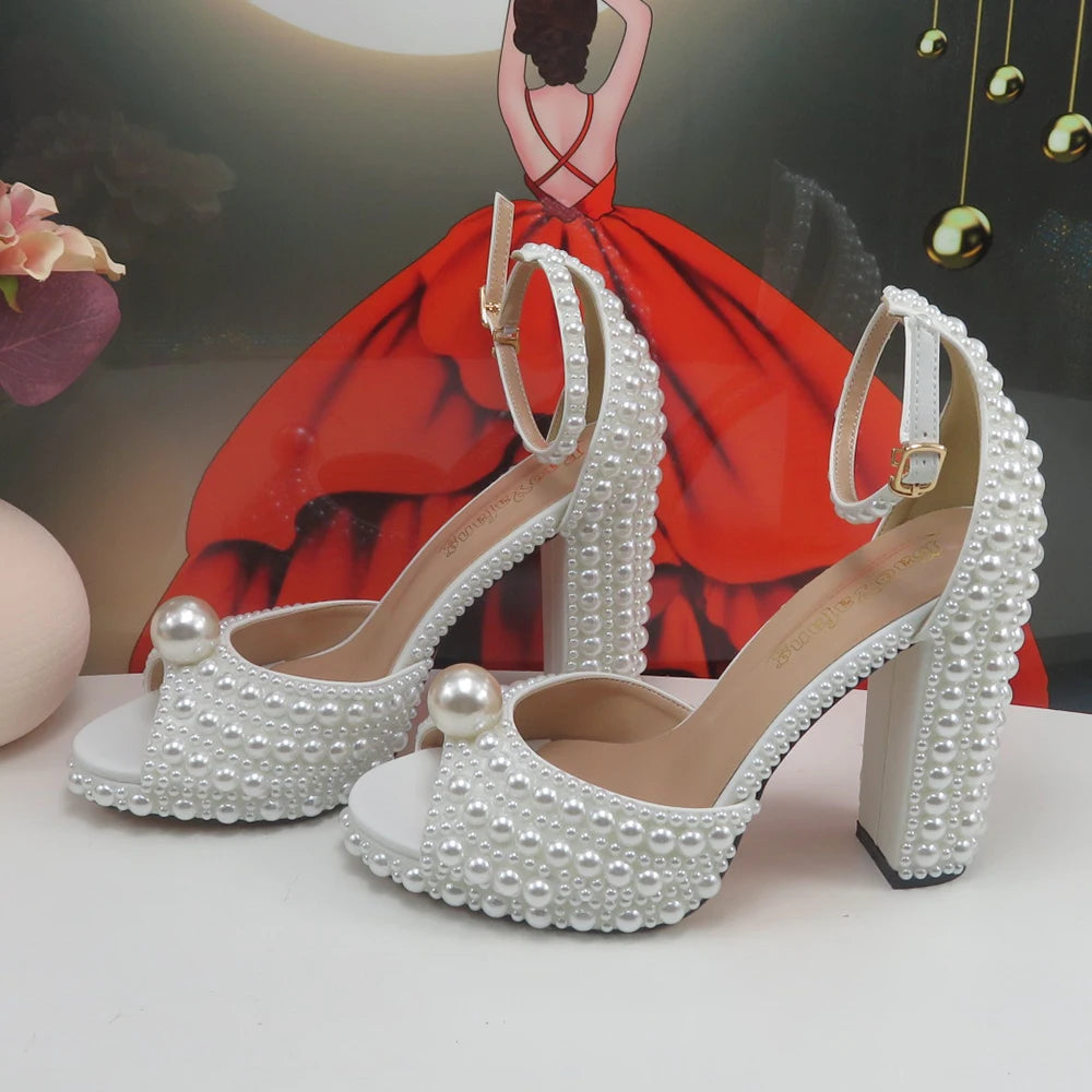 2024 New Arrival Hademade White Sandals Bridal shoes bag set woman Big Pearl Girls fashion Sandals party Shoes Fashion Thin Heel