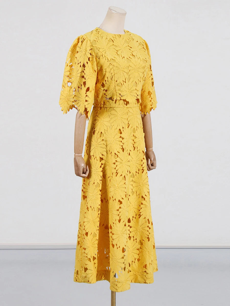 VGH Embroidery Two Piece Set for Women O Neck Batwing Sleeve Top High Waist Hollow Out A Line Long Skirt Elegant Suit Female New