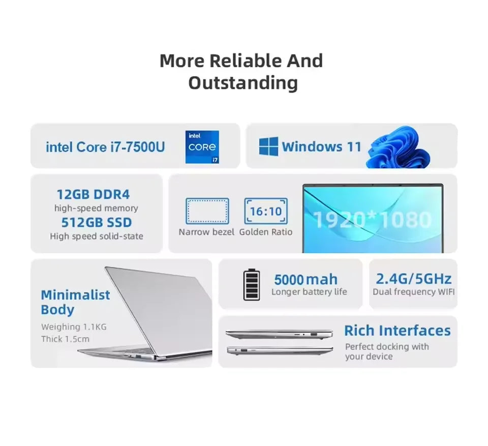 2025 Office Laptop Windows 11 intel core i7-7500U/intel Atom x7 A3950 14.1" Notebook Computer 1920*1080P 12GB RAM 1/2TB SSD