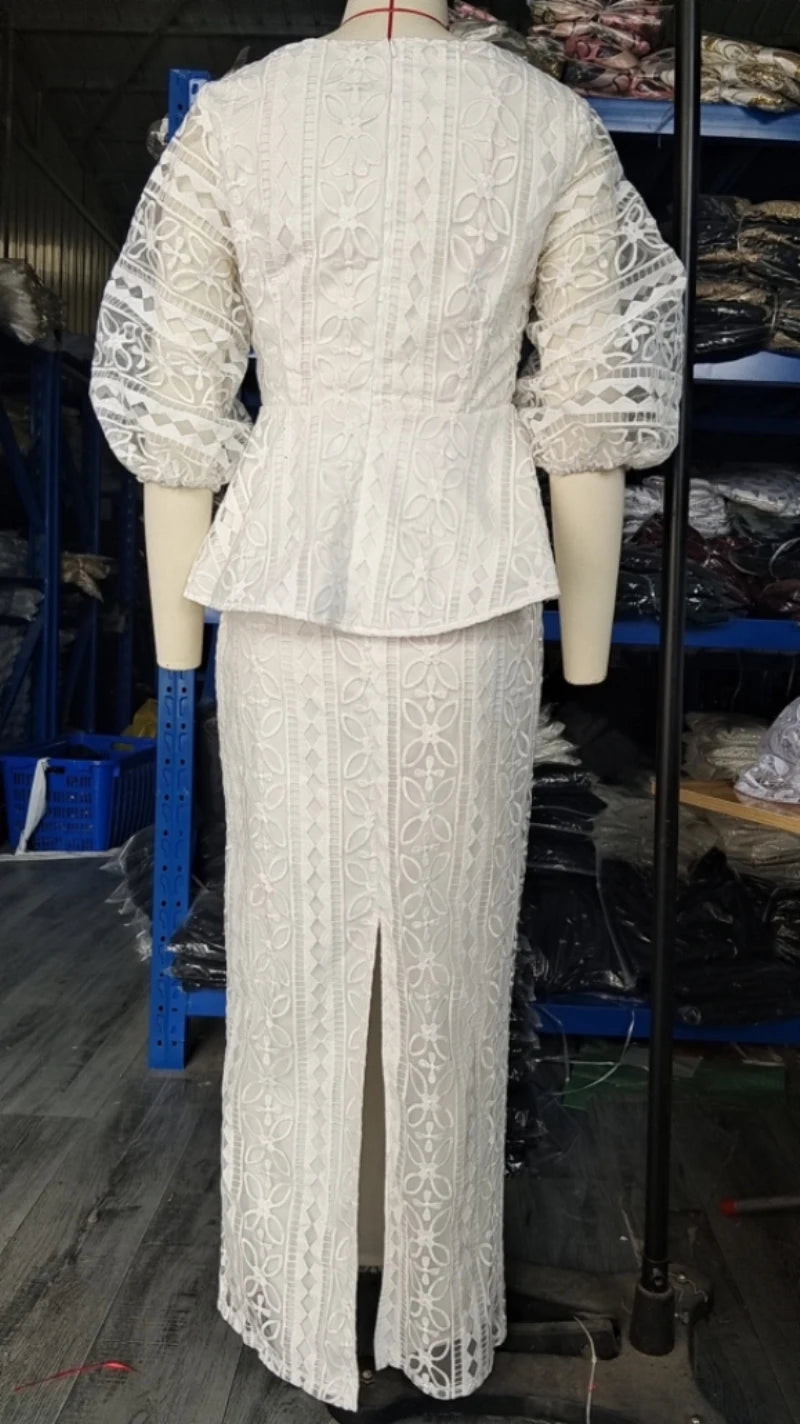 Elegant African Fashion Women Dress Set Retro Embroidery 3/4 Sleeve White 2-piece skirts matching sets