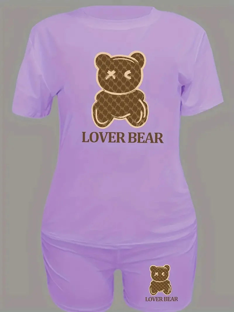 Women Two-piece Set Short Sleeve Bear Print Casual T-Shirt & Shorts 2pcs Outfits For Summer Women's Clothing