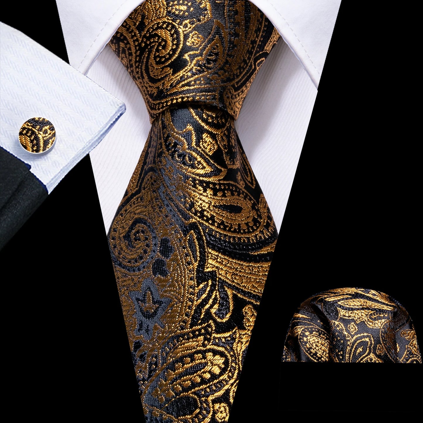 Barry.Wang Gold Beige Yellow Brown Tulip Silk Men Tie Handkerchief Cufflink Set Jacquard Necktie for Male Wedding Business Party