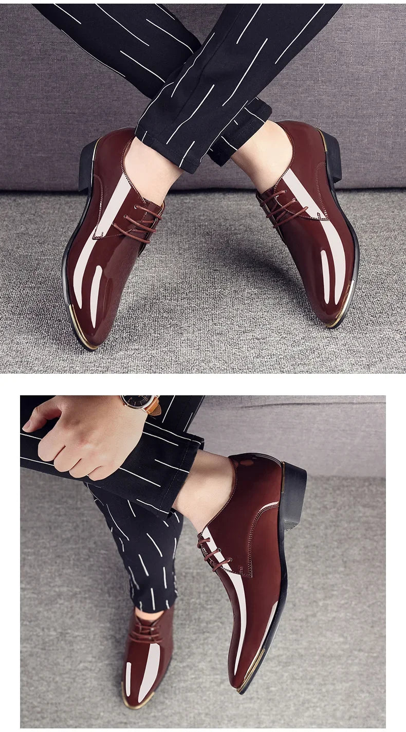 2024 New Men’s Patent Leather Shoes British Style Men's Dress Shoes Lace Up Pointed Toe Wedding Business Party Social Shoe Male