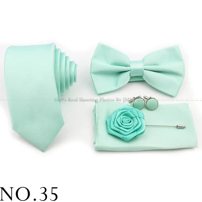 Hot Sale Purple Pink Sage Green Tie Set Polyester Necktie Bowtie Cufflink Brooch For Groom Suit Wedding Cravat Shirt Accessory