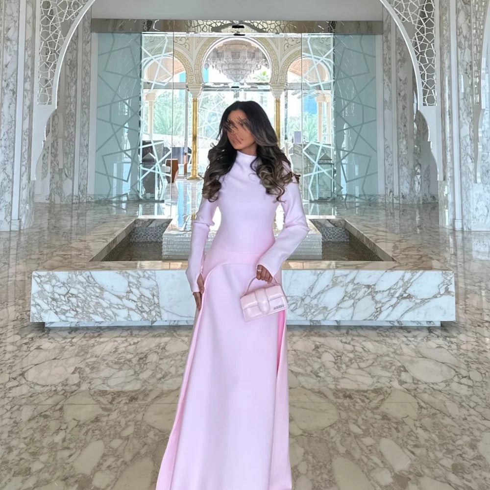 Bella Customized Pink A-line Satin High Neck robes de soirée Long Sleeves Side Slit Party Dresses Floor-Length Prom Dress 2025