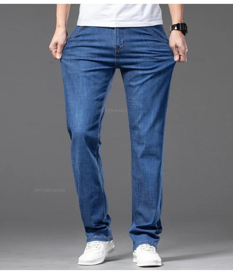 Summer Thin Men's Straight Jeans Classic Black Blue Stretch Casual Business Baggy Denim Pants Male Brand Trousers