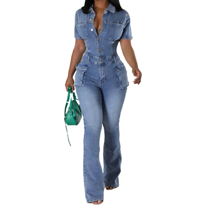 Casual Slim Short Sleeve Stretch Stir Fried Floral Washed Denim Jumpsuit Jeans Playsuit Cotton Flared Pants Jump Suit Overalls