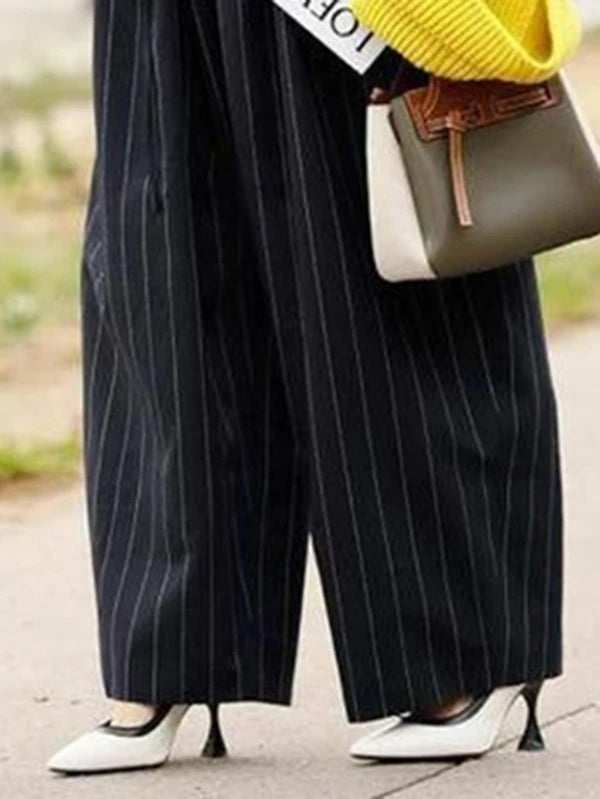 Modigirl Fall Women's Retro Striped Loose Wide-leg Pants 2025 Spring Summer High Waist Urban Fashion Outfit Long Trousers Female