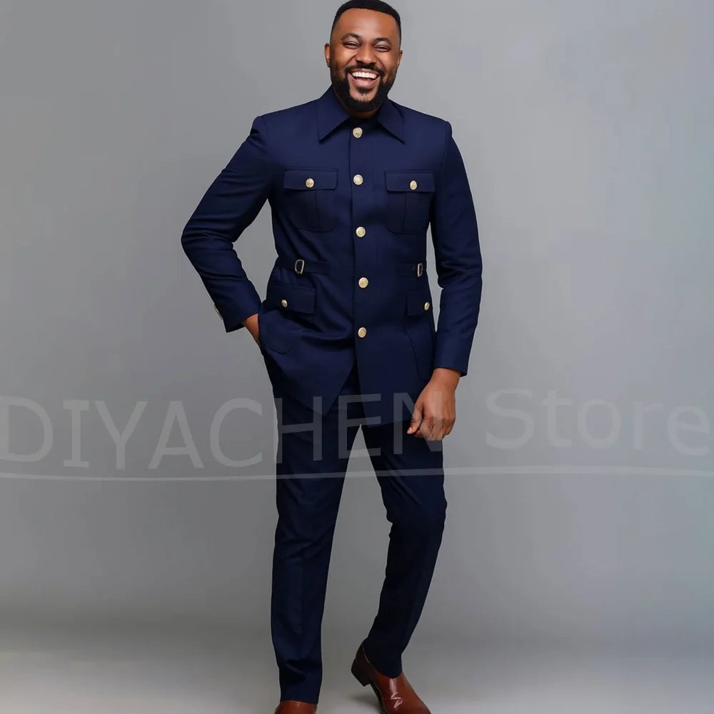 Men Suits 2 Piece Fashion Stand Collar Four Pockets Single Breasted Outfits Slim Chic Business Casual Wedding Party Tuxedos