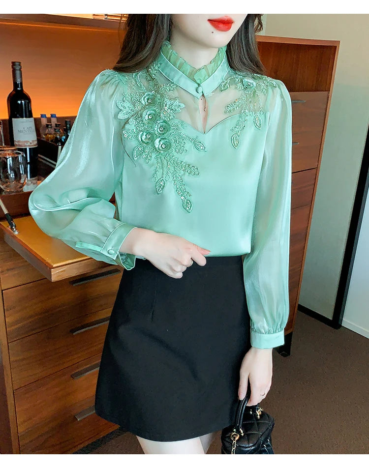 H Han Queen Elegant Autumn Shirt Embroidery Beads Chiffon Simple Office Blouse Loose Tops Long Sleeve Casual Blouses Women