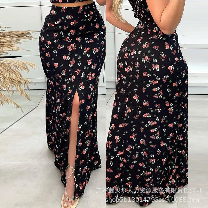 Skirt Set Women Two Piece Sets Print Floral Sleeveless Slim Fit Sexy Sling Tops Elegant Splice A Line Hip Wrap Long Skirts