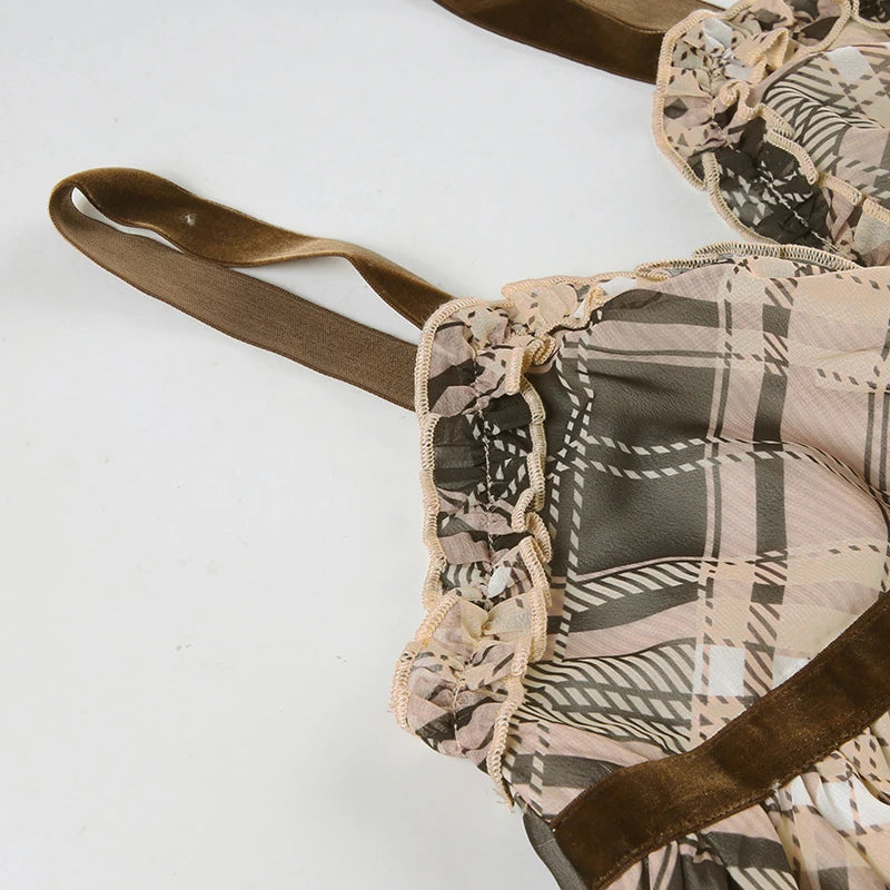 Sweet Plaid Bow Cute Simple Camisole Dresses Tops Fashion All-Match Retro Women Home Clothing
