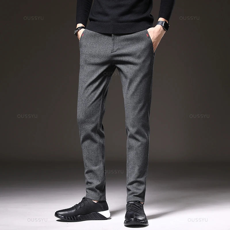 Autumn Winter New Classic Casual Pants Men Thick Business Korea Slim Fit Stretch Gray Blue Black Brushed Fabric Trousers Male