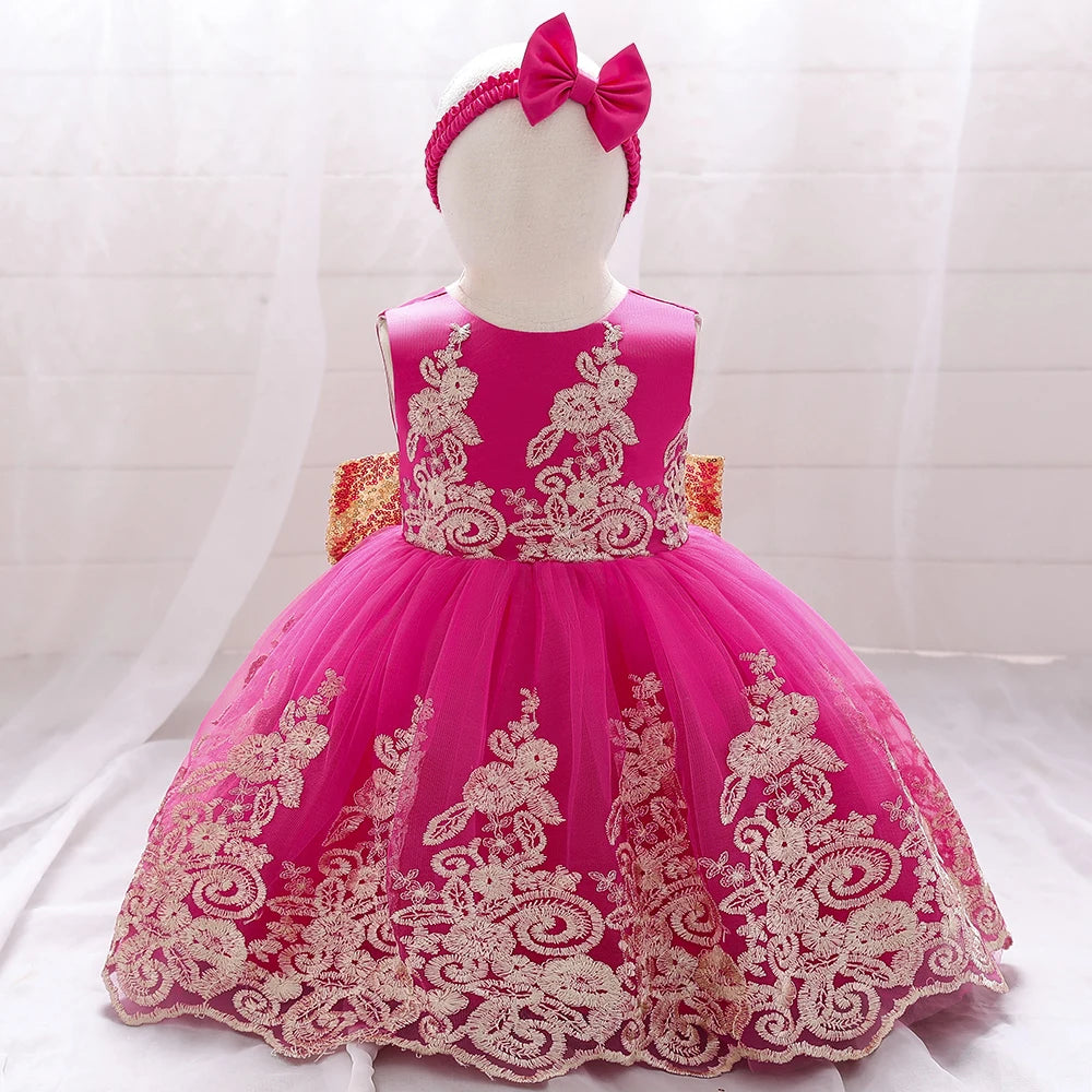 Gold Bow Flower Baby Dress for Girls Christmas Costumes 1st Birthday Party Princess Dresses Wedding Formal Evening Kids Clothing