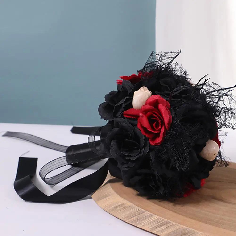 Yannew Black Burgundy Gothic Bridal Bouquets for Bride Bridesmaids Artifiicial Silk Foam Roses Flower Wedding Bouquet Halloween