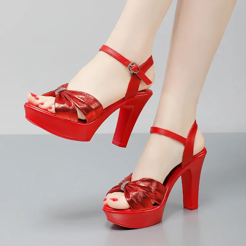 Plus Size 32-43 Elegant Silver Red Wedding Shoes Women Platform Sandals Summer 2025 Block High Heels Leather Sandals Model