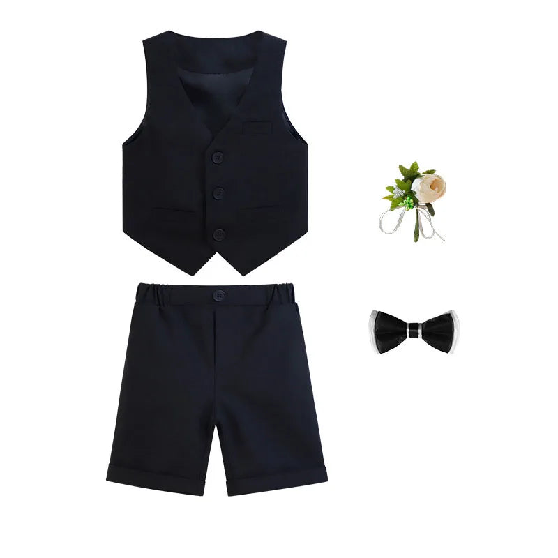 Boys Summer Vest Dress 3Pieces/Set Vest Shorts Bowtie Photograph Suit School Performance Clothing Set Children Wedding Custome