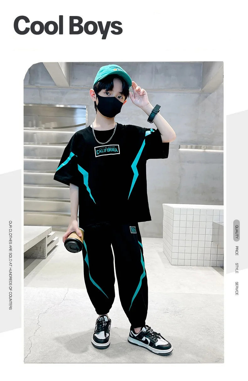 Summer Boys Cotton Alphabet Lightning T-Shirt Tops+Sweatpant School Kids 2PCS Tracksuit Child Jogger Outfit Workout Set 5-14 Yr