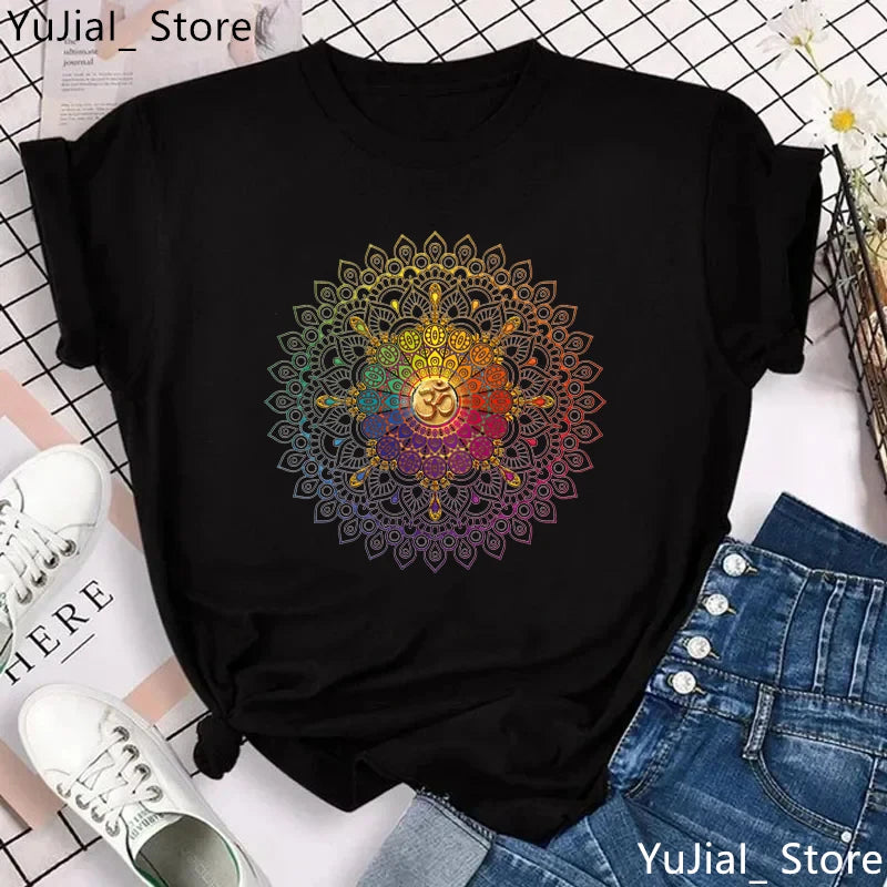 Newest Yoga Tree Print Tshirt Girls Summer Fashion Short Sleeve T Shirt Women Buddha Chakra Meditation T-Shirt Female Wholesale