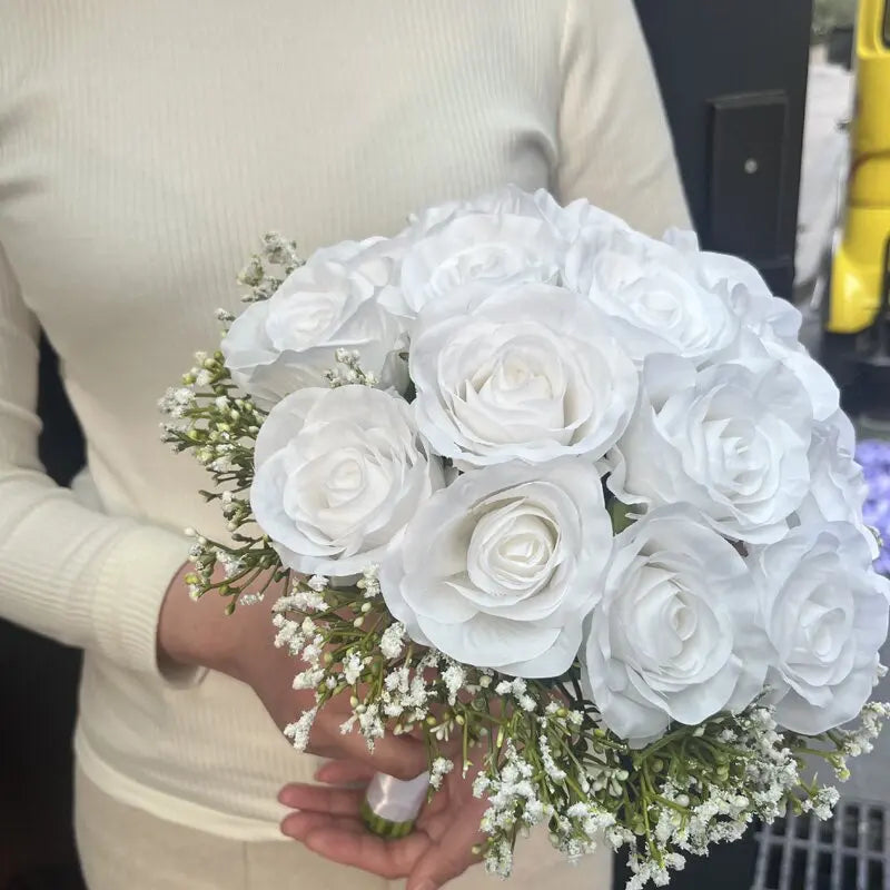 Wedding Flowers Bridal Bouquet Bridesmaids Silk Roses Fake Babys Breath Bride Wedding Accessories Table Centerpiece Decoration