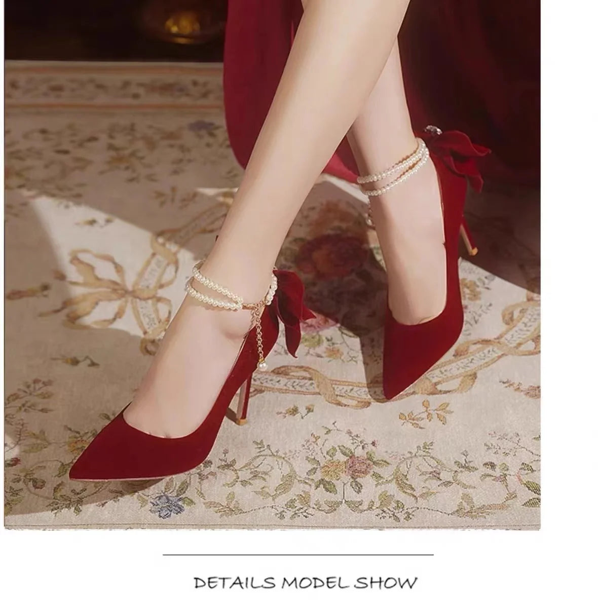 Red Xiuhe wedding shoes new pointy stiletto high heels female shallow mouth bow pearl one word buckle strap two wear bride shoes