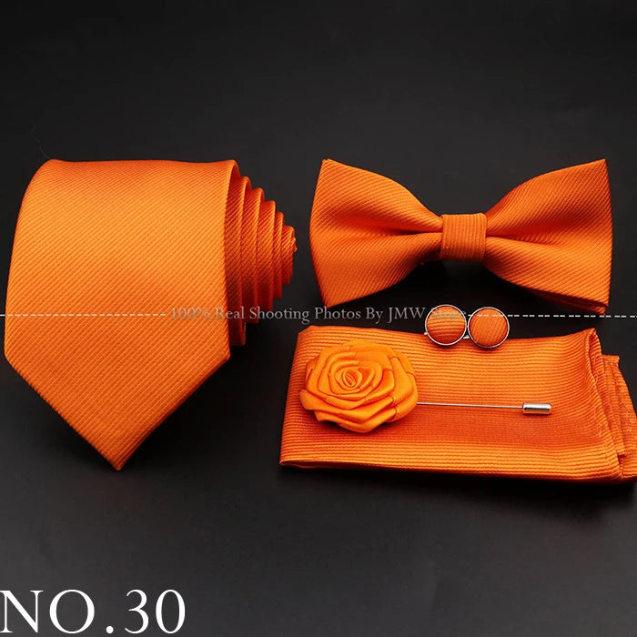 Hot Sale Red Blue Tie Set Polyester Slim Striped Necktie Bowtie Cufflink Brooch For Groom Suit Wedding Cravat Shirt Accessory