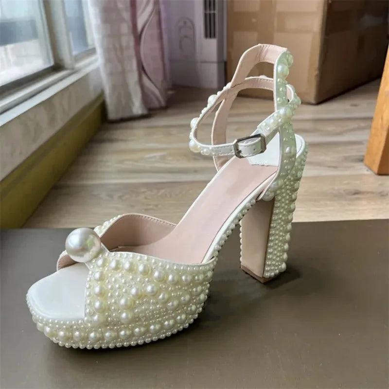 Fully Handmade Luxury Pearls Thick Heeled Peep toe Women Sandals Summer Fashion Platform Wedges High heels Wedding Banquet Shoes