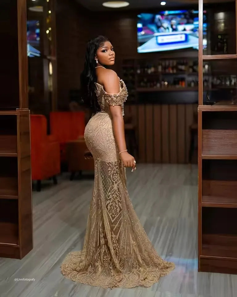 African Champagne Lace Prom Dresses with Rhinestones Off Shoulder Mermaid Black Girls Birthday Dress Formal Party Gowns Customiz