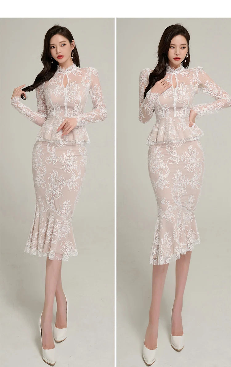 Spring Professional Woman Lace 2 Pieces Set Simple Tops + Vintage High Waist Mermaid Skirt Korean Skirts Suits