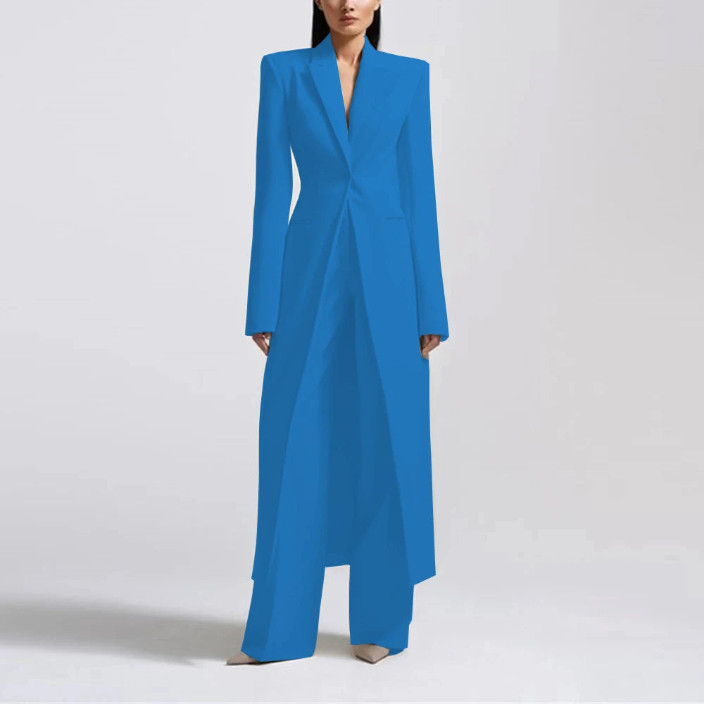 Fashion Beige Women's Blazer PantsSuit Peak Lapel Long Coat Wedding Formal Suits Office Lady Jacket Pant 2 Piece