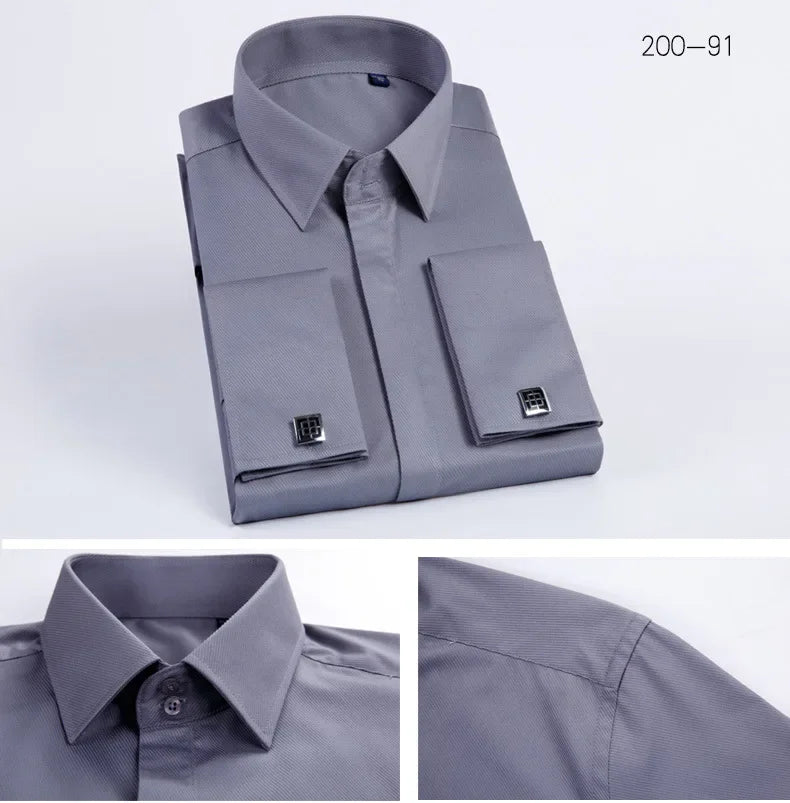 Spring Autumn Men's French Cufflinks Business Dress Shirt Sleeve Pin Solid Color Non-iron Shirts Slim Fit Party Men's Wear