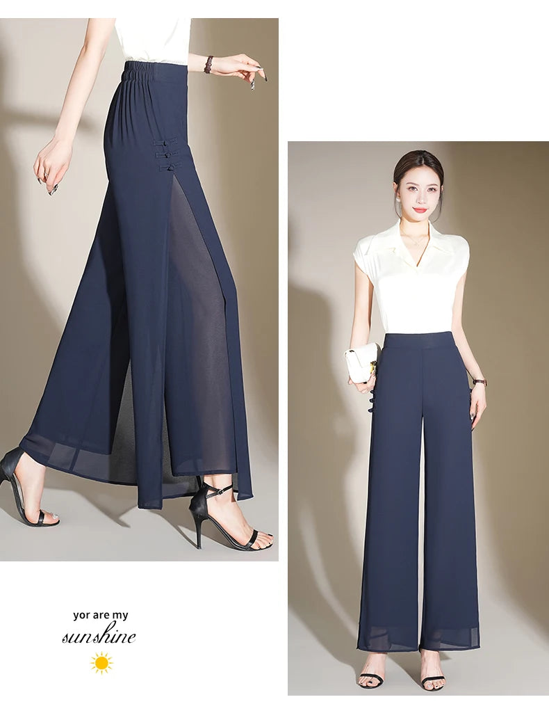 ZUZK Slit Chiffon Long Pants Summer Comfortable Elastic Waist Slim Double Layer Chiffon Pants Chic Droop Chinese Style Pants