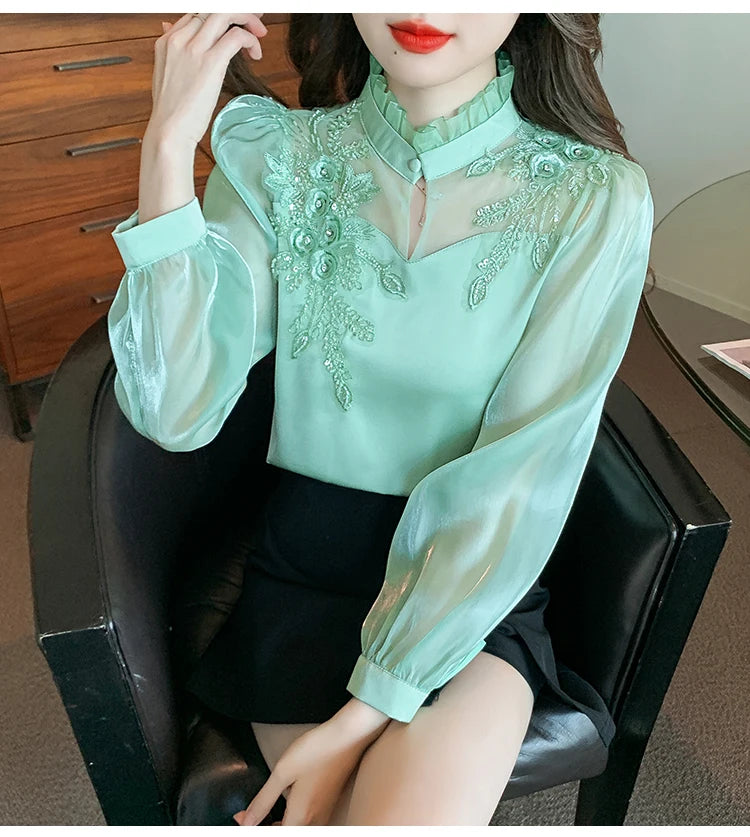 H Han Queen Elegant Autumn Shirt Embroidery Beads Chiffon Simple Office Blouse Loose Tops Long Sleeve Casual Blouses Women
