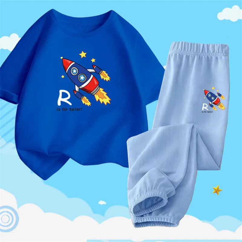 Boys Summer Clothes Set Kids Cartoon Space T shirts+Loose Harlan pants Suit 2PCS Pack Teens Sports Clothing Sets