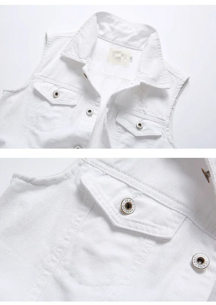 Summer Mens Ripped Denim Vest Male Tank Top Washed Jeans Waistcoat Man Retro Cowboy Hip Hop White Sleeveless Jacket