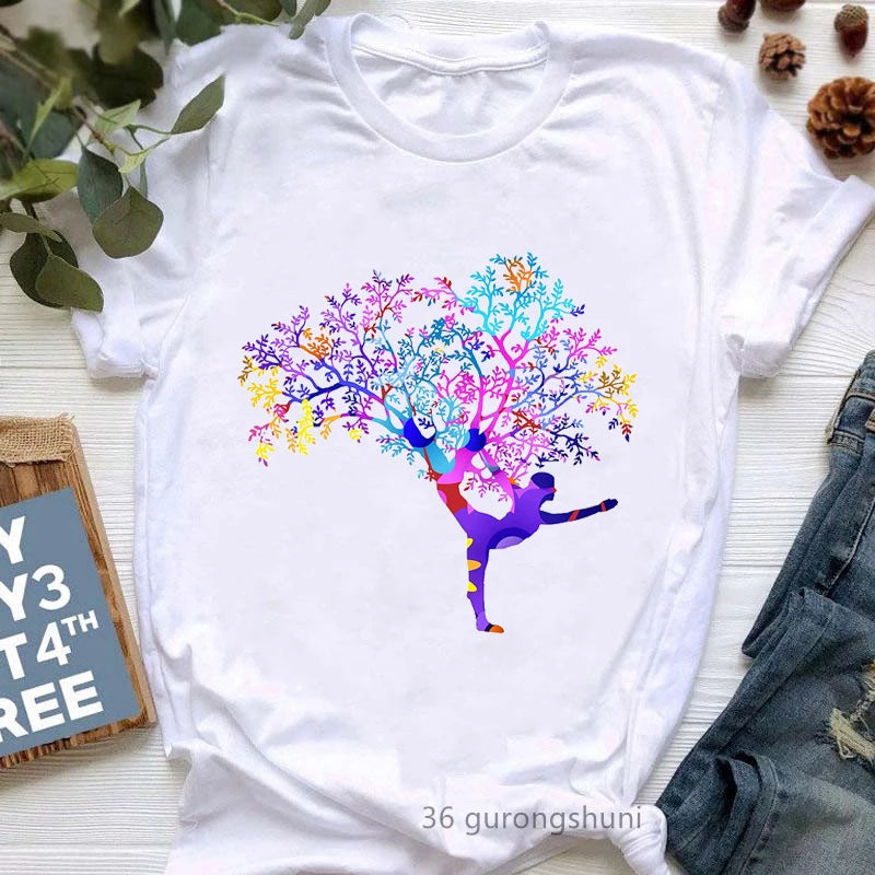 Newest Yoga Tree Print Tshirt Girls Summer Fashion Short Sleeve T Shirt Women Buddha Chakra Meditation T-Shirt Female Wholesale