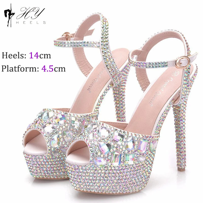 Fashion Diamond Wedding Shoes Ladies 14cm Heels Open-toed High-heeled Waterproof Platform Party Shoes Women