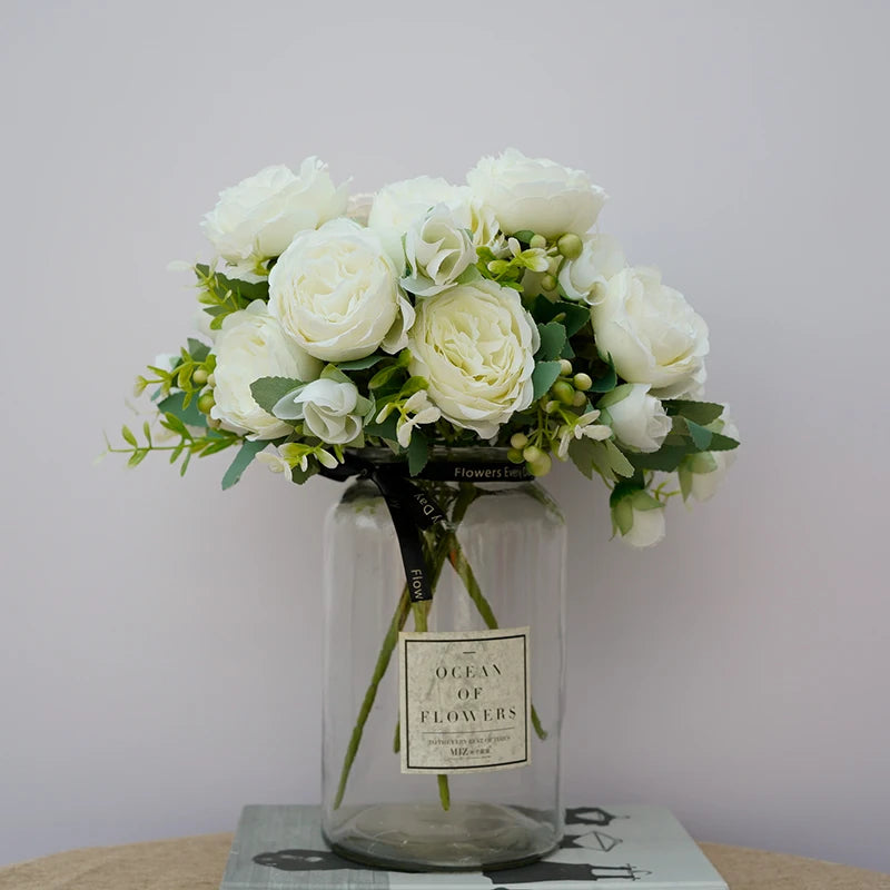 5 Flower Heads Artificial Wedding Rose Flowers Decoration Bride Holding Flower Bouquet Home Room Table Decor