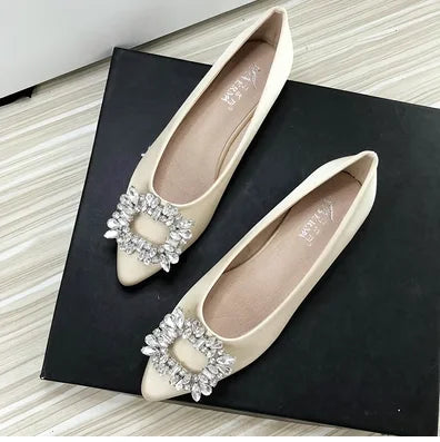 Women Green Blue Shoes Silk Null Plain Flats Pointed Toe Slip-On With Crystal Buckle Shallow Mouth Cute Retro Tacons 32-48 28cm