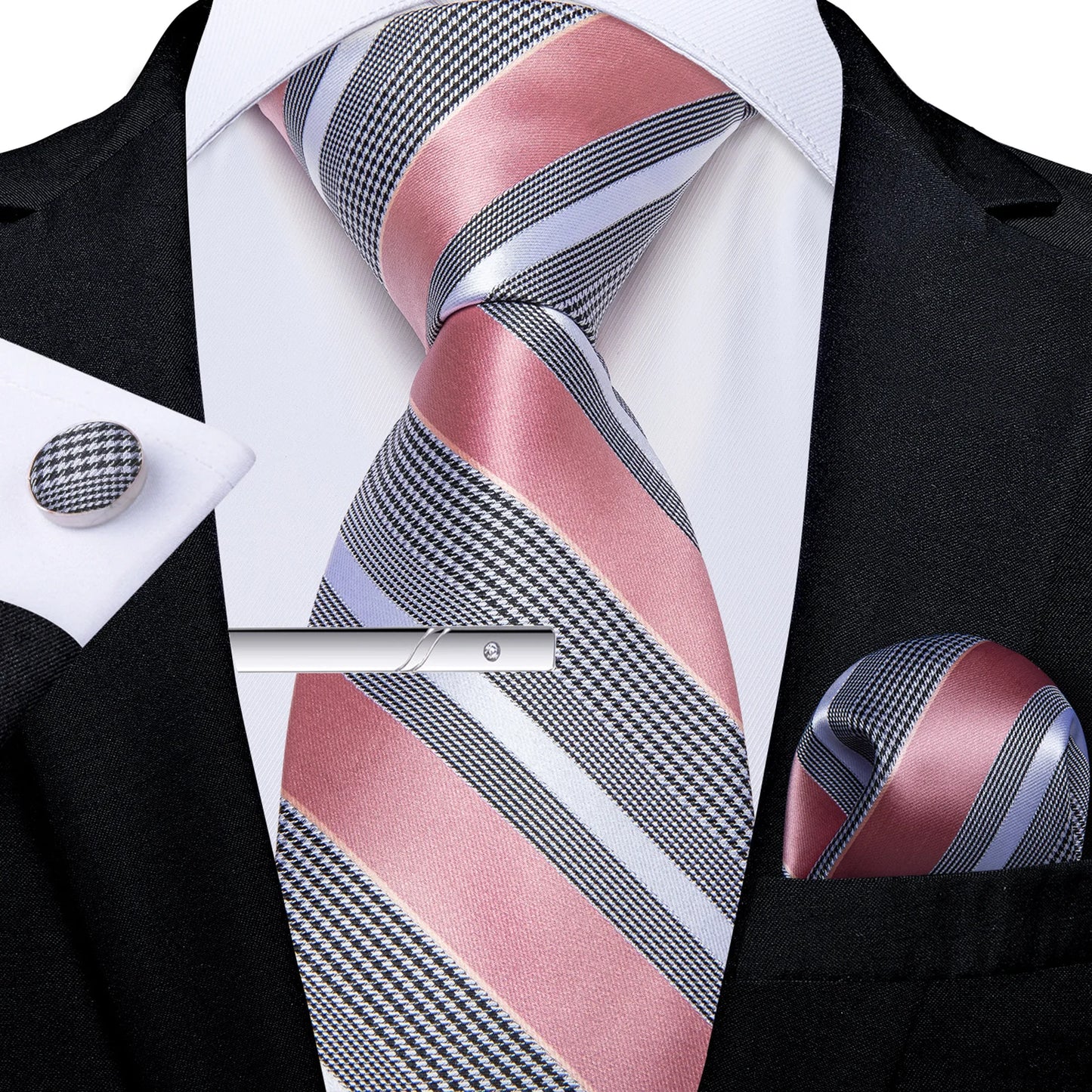Men's Tie Set with Clip Luxury Retro Red Blue Floral 8cm Necktie Handkerchief Cufflinks Wedding Party Business Accessories Gift