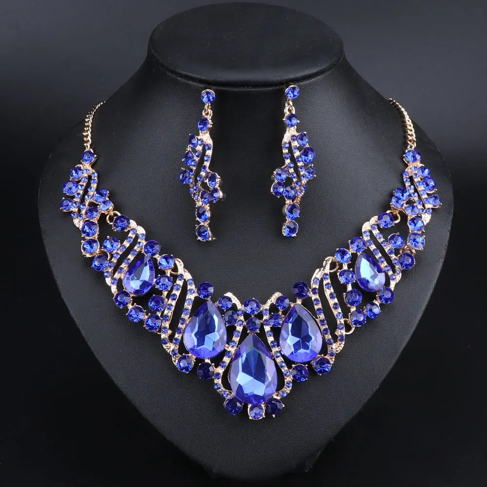 Fashion Crystal Gold Color Necklace Earrings Indian Bridal Jewelry Sets For Brides Wedding Party Costume Accessories Women